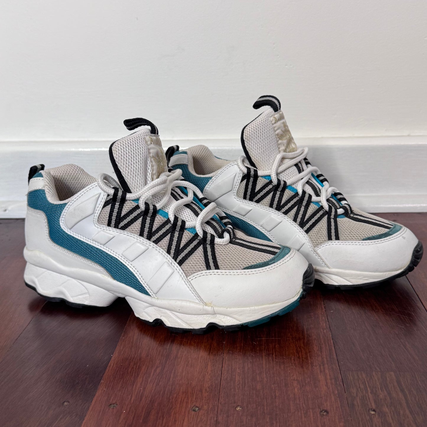 A.D.P. White & Teal Chunky Trail Sneakers with Graphic Lacing – Size 7