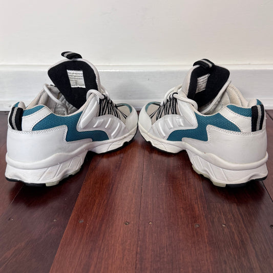 A.D.P. White & Teal Chunky Trail Sneakers with Graphic Lacing – Size 7