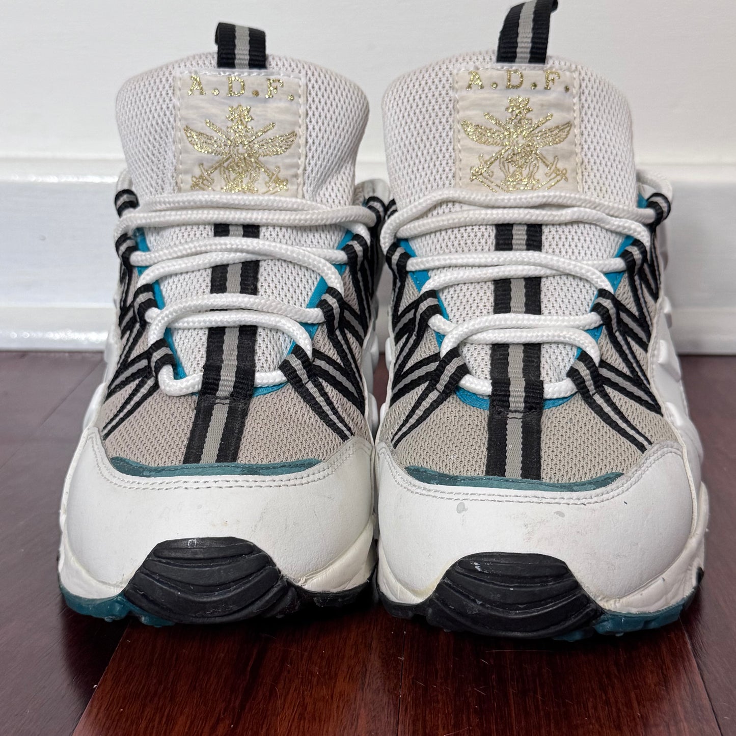 A.D.P. White & Teal Chunky Trail Sneakers with Graphic Lacing – Size 7