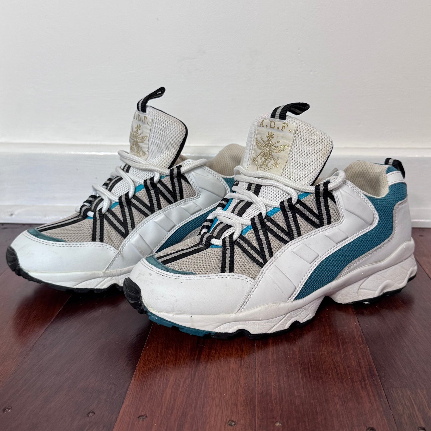 A.D.P. White & Teal Chunky Trail Sneakers with Graphic Lacing – Size 7