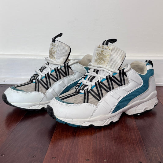 A.D.P. White & Teal Chunky Trail Sneakers with Graphic Lacing – Size 7