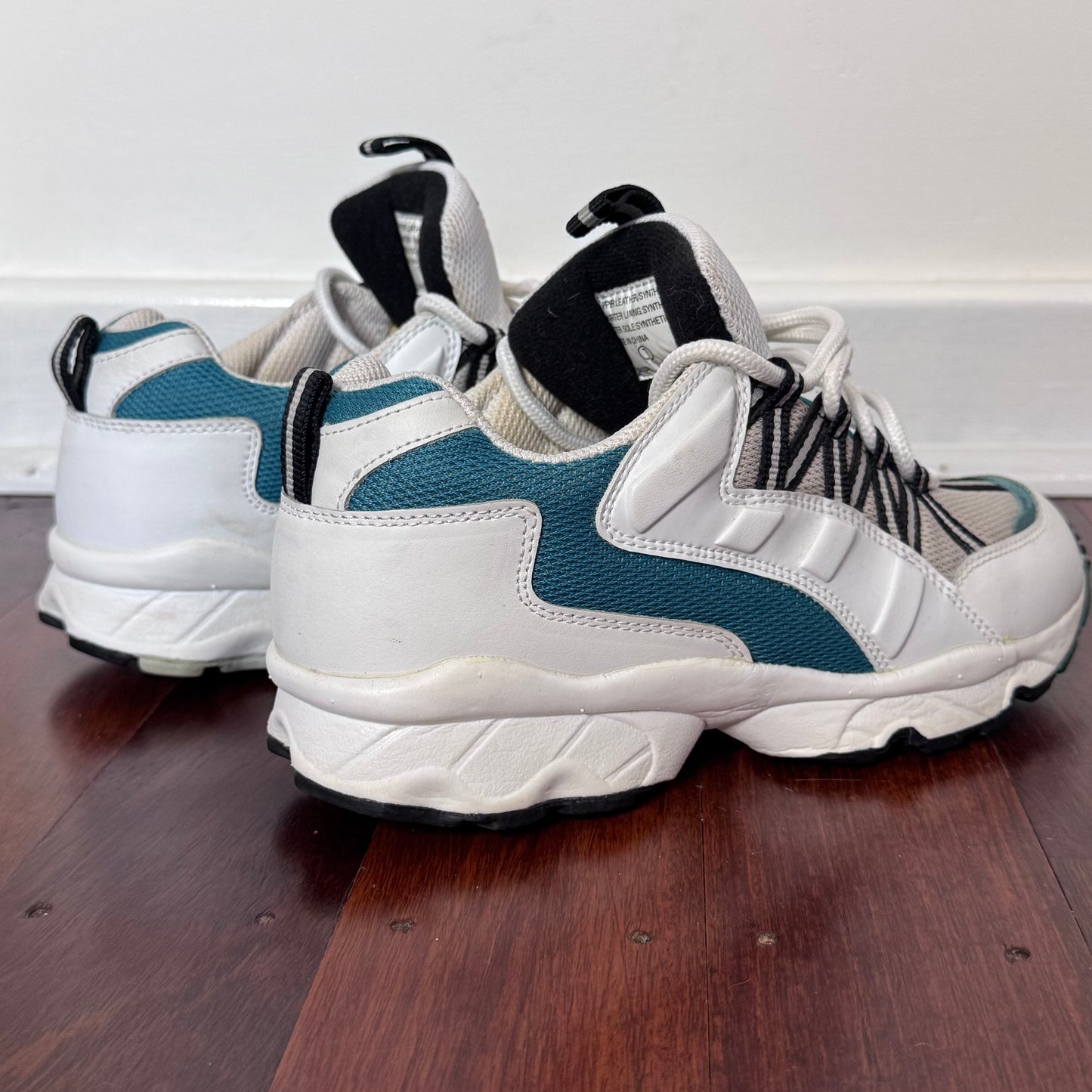 A.D.P. White & Teal Chunky Trail Sneakers with Graphic Lacing – Size 7