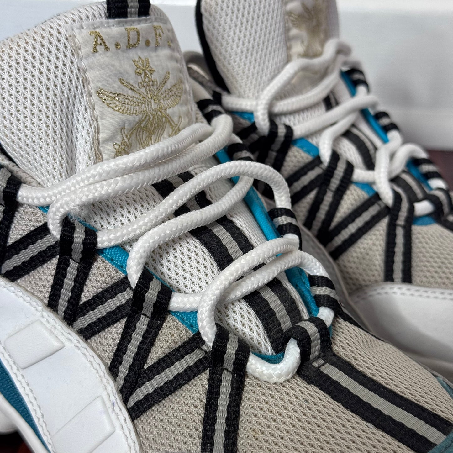 A.D.P. White & Teal Chunky Trail Sneakers with Graphic Lacing – Size 7